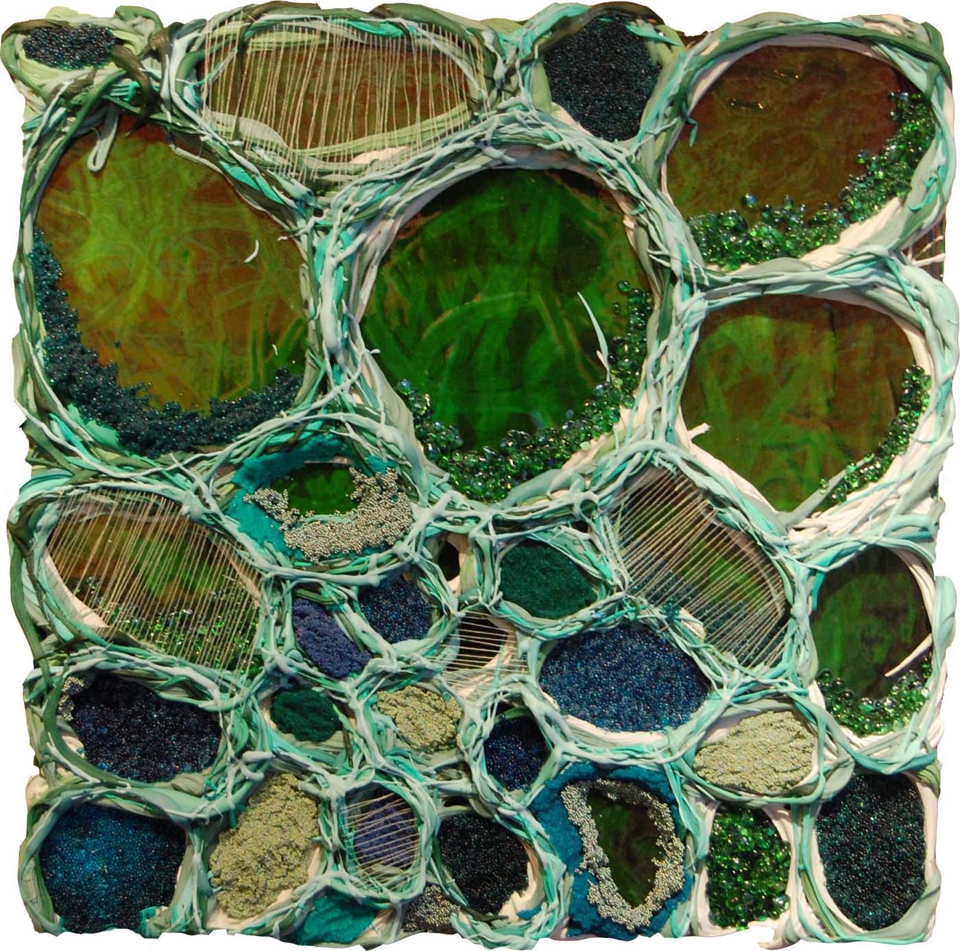 Aquatic Corpuscles II, 2010, Ultralight, urethane, pigment dispersions, and thread on panel, 22 x 24 inches, private collection