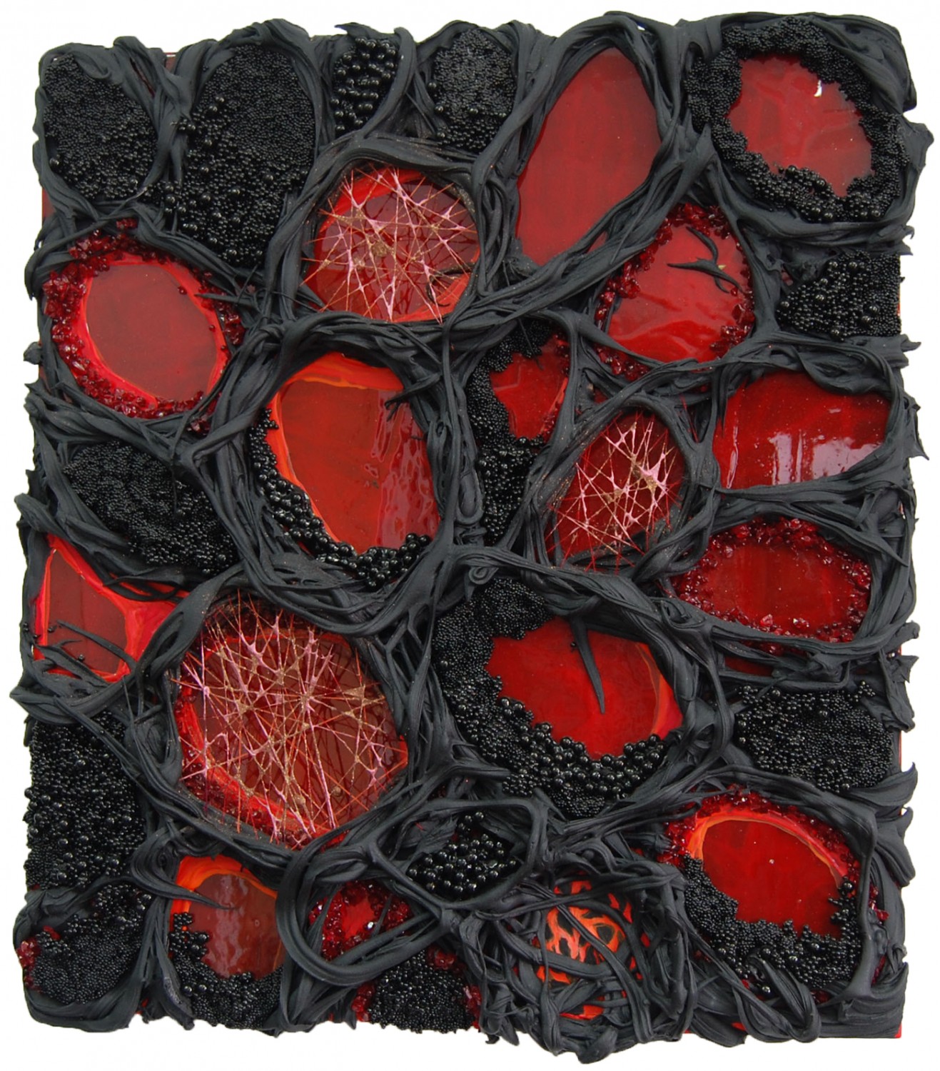 Gestating Geodes, 2010, Ultralight, urethane, pigment dispersions, glass beads and thread on panel