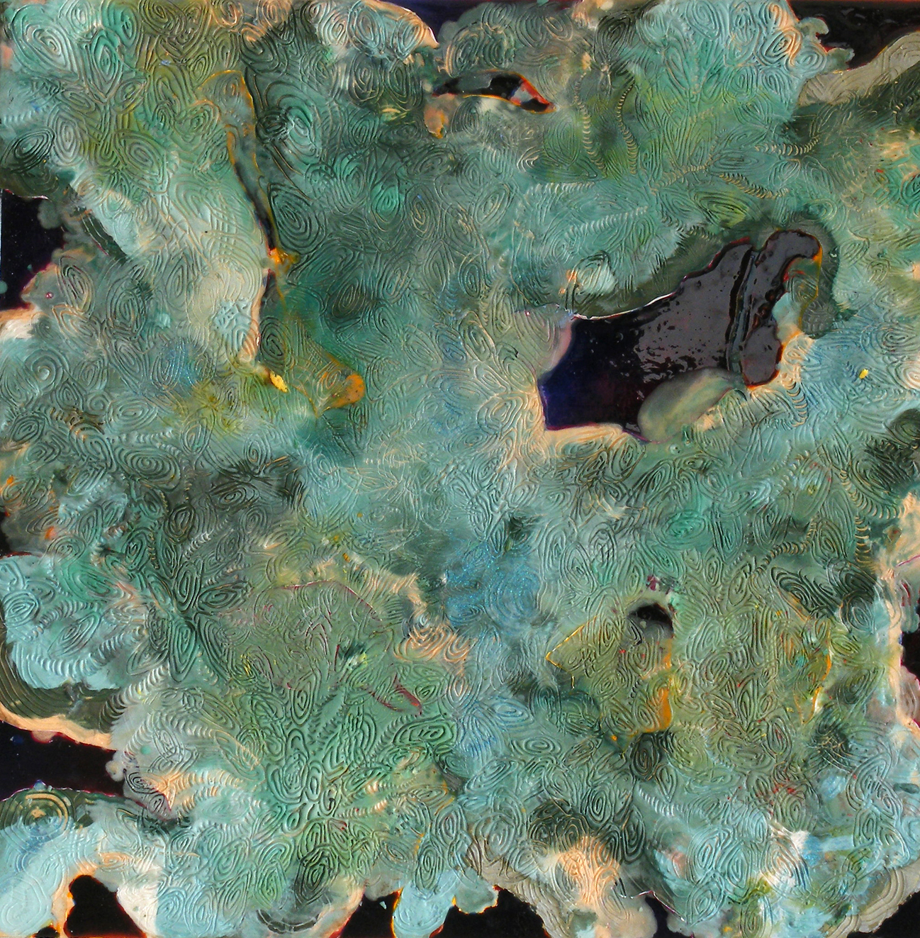 Green Platelets, 2008, encaustic and urethane on panel, 24 x 24 inches