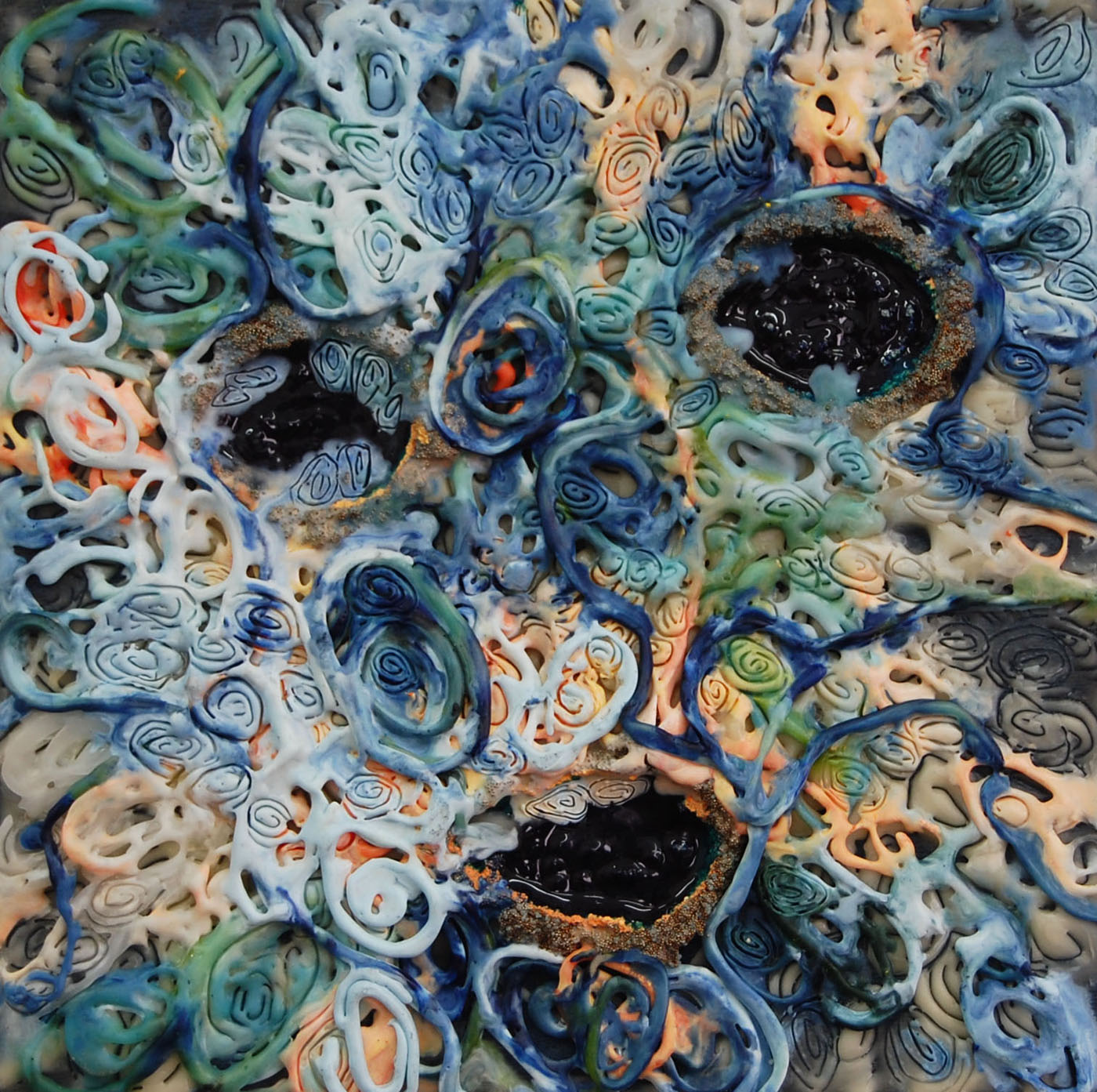Sea Cells I, 2011, encaustic, glass beads, and urethane on panel