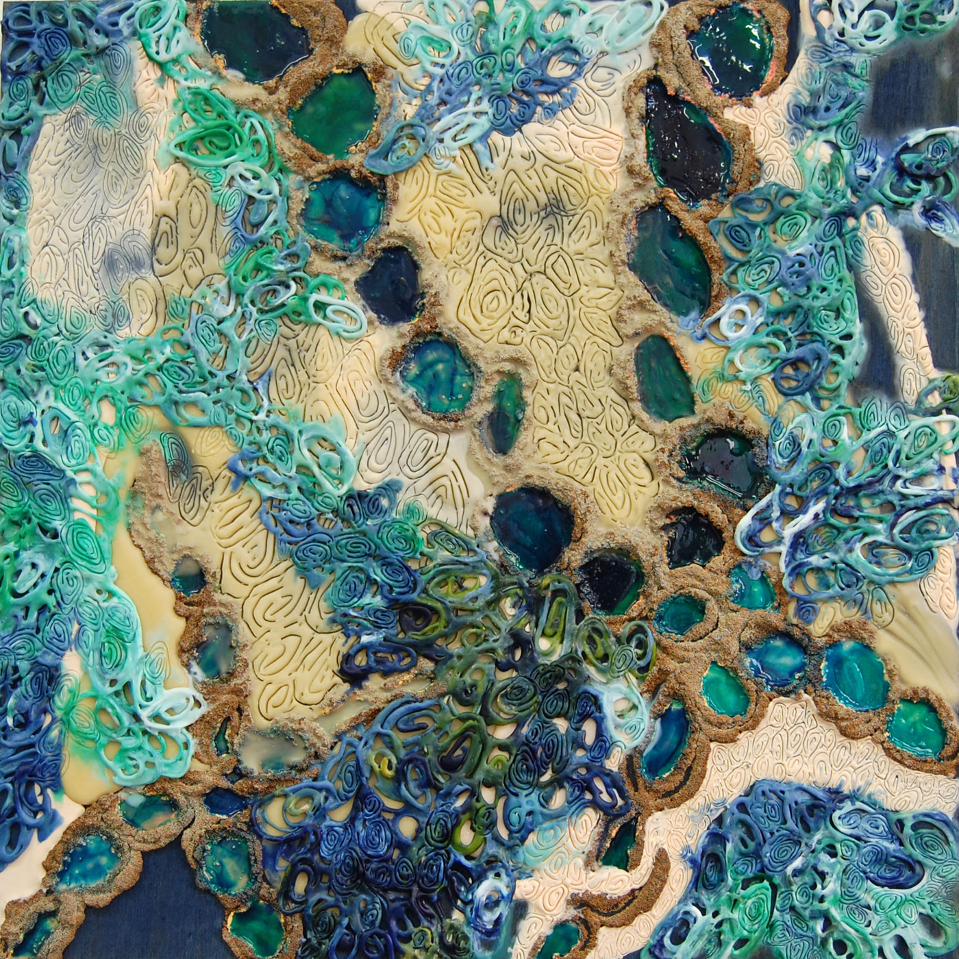 Sea Cells IV, 2011, encaustic, glass beads, and urethane on panel